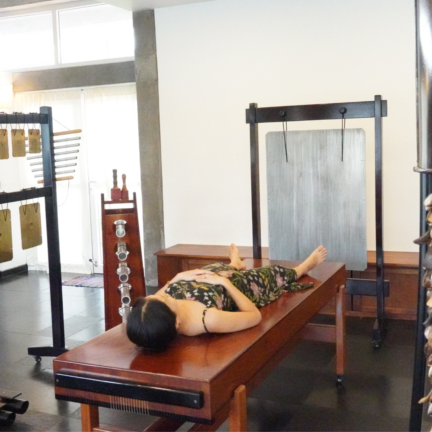 Sonorium sound healing treatment room featuring Svaram handcrafted resonating instruments from Auroville