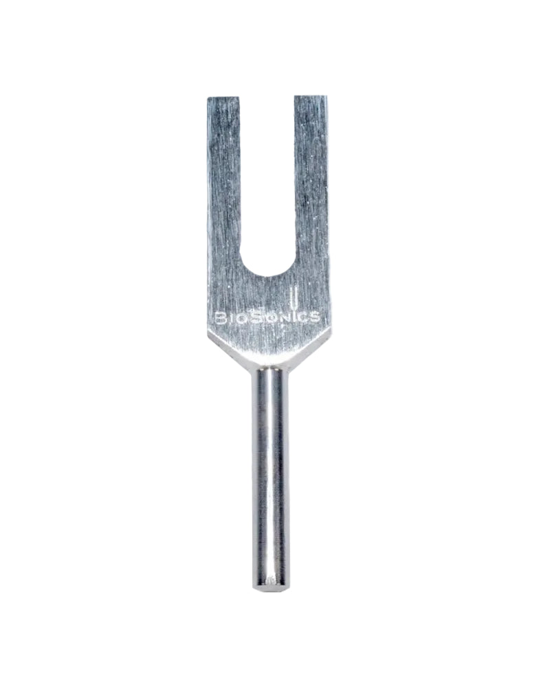 Tuning fork with 'BioSonics' branding on a white background