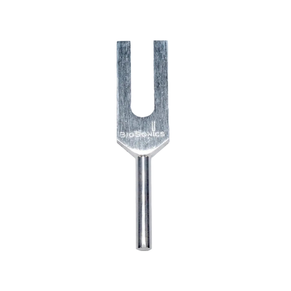 Tuning fork with 'BioSonics' branding on a white background